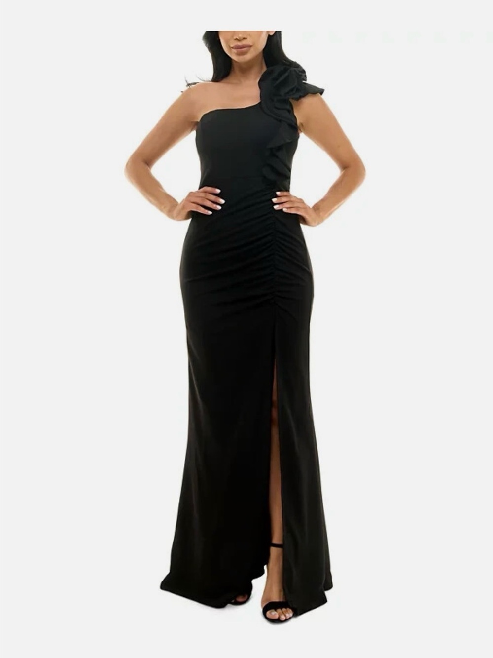 Emerald Sundae One-Shoulder Black Evening Gown with Ruffle Detail